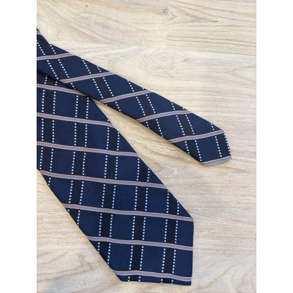 Ike Behar Mens 100% Silk Navy Blue Gold Windowpane Striped Tie Made in USA